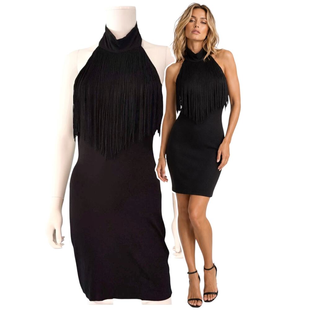 Guess Black Fringe Party Dress Size Large Going Out Mob Wife Sleeveless Glam Y2K